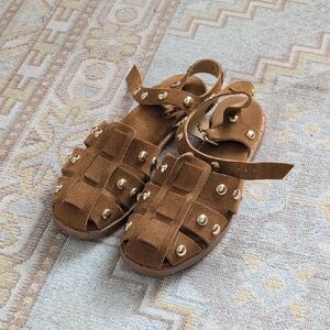 Freda Salvador Sera Fisherman Sandals in Nut Suede with Gold Studs